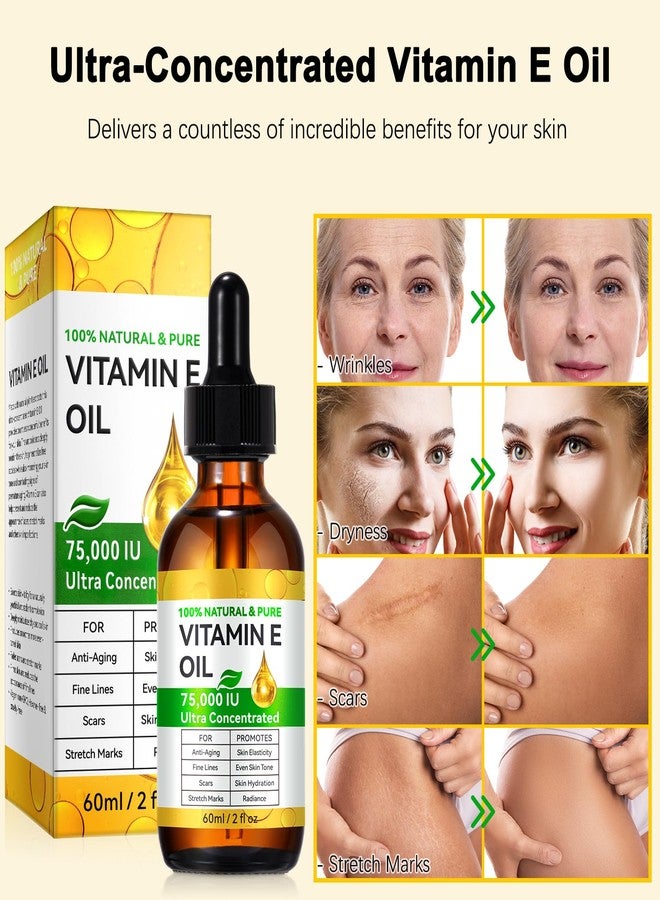 KITNOBLIS Vitamin E Oil for Skin - 75,000 IU | Vitamin E Oil for Scars, Stretch Marks, Wrinkles, 100% Natural d-Alpha Tocopherol for Face & Hair, Moisturizing Anti-Aging (60 ML) - Image 2